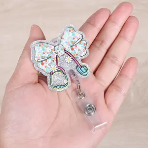 Cute Floral Bow Stethoscope Doctor Badge Reel | Funny Retractable ID Card Healthcare Badge Holder | Name Tag Medical Badge Clip for RN LPN CNA MA ER Night Shift Nurse Pediatrics Doctor Gifts | Acrylic