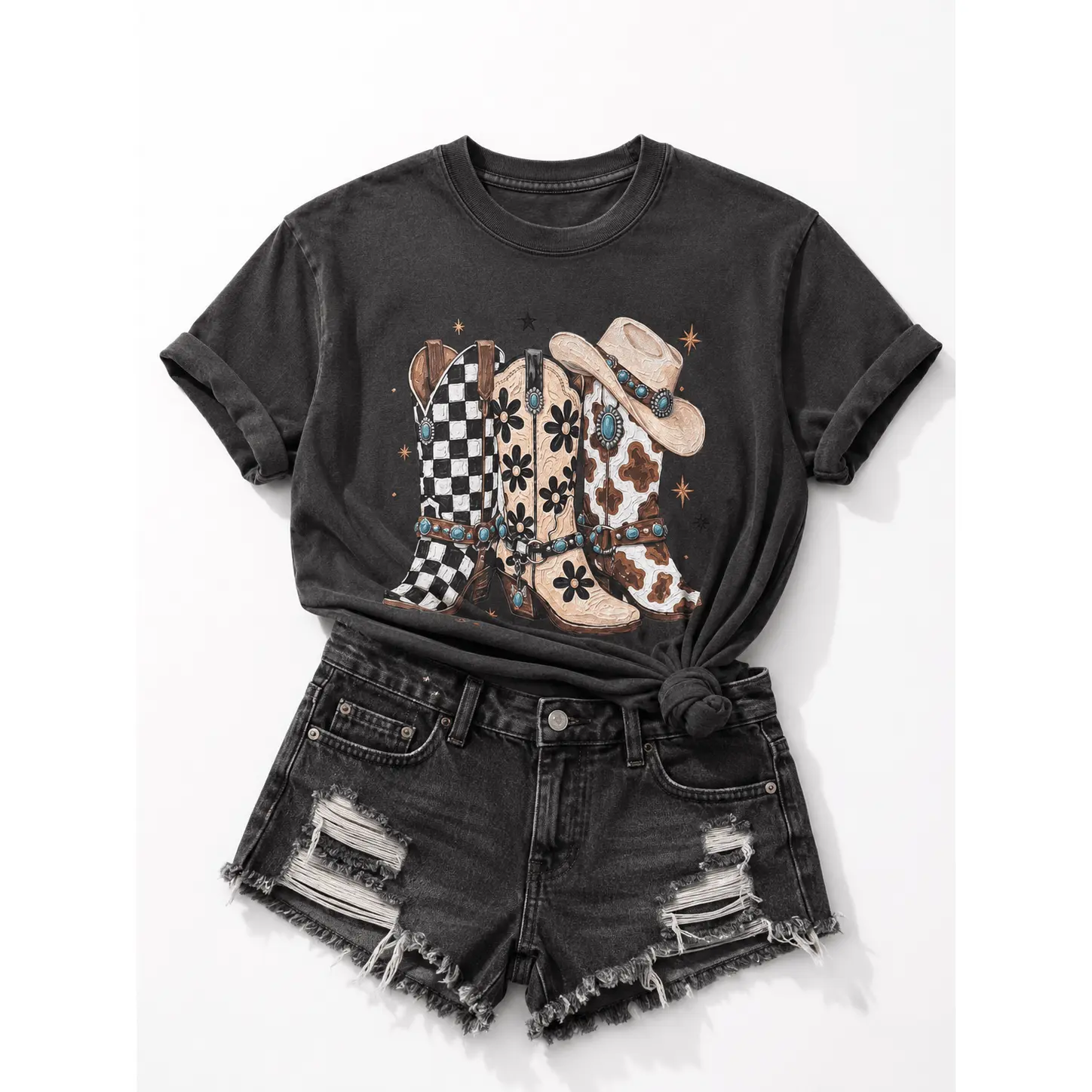 Plus/Reg Short Sleeve Multi Pattern Cowboy Boot Western Graphic Tee
