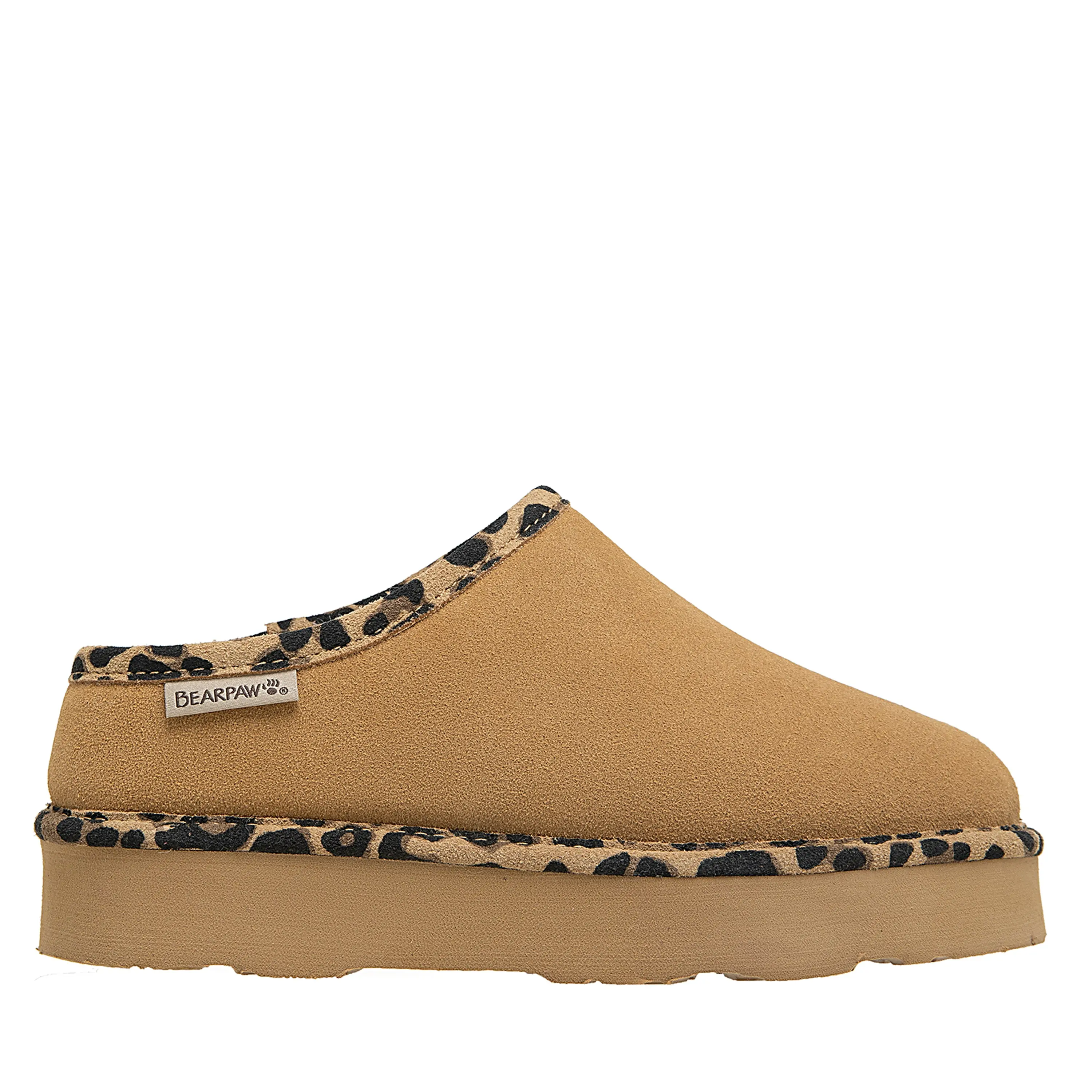 BEARPAW Martis Women's Platform Suede Slipper Clogs - Iced Coffee/Leopard Trim