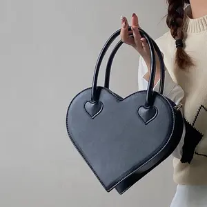 Black Heart Shaped PU Leather Handbag with Long Shoulder Strap