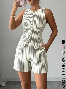 2-Piece Striped Sleeveless Vest & Shorts Set - French Lazy Style Waist-Cinching, Fitted & Figure-Flattering | Blazer Silhouette For Women’s Daily Commute / Casual Getaways