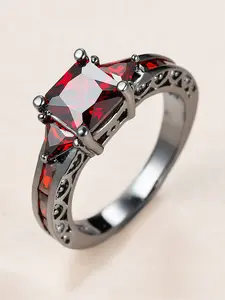 Unique Black Ring Geometric Design - Red Synthetic Zirconia Solitaire Stackable Rings For Women Engagement Ring Daily Wear Jewelry Accessory for All Season Mother's Day Gift