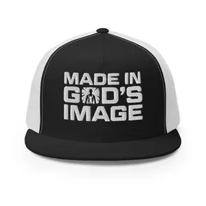 B. Light Made In His Image Trucker Hat - Structured Five-Panel High Profile Snapback Cap 47% Cotton 28% Nylon 25% Polyester Blend Flat Bill Closure