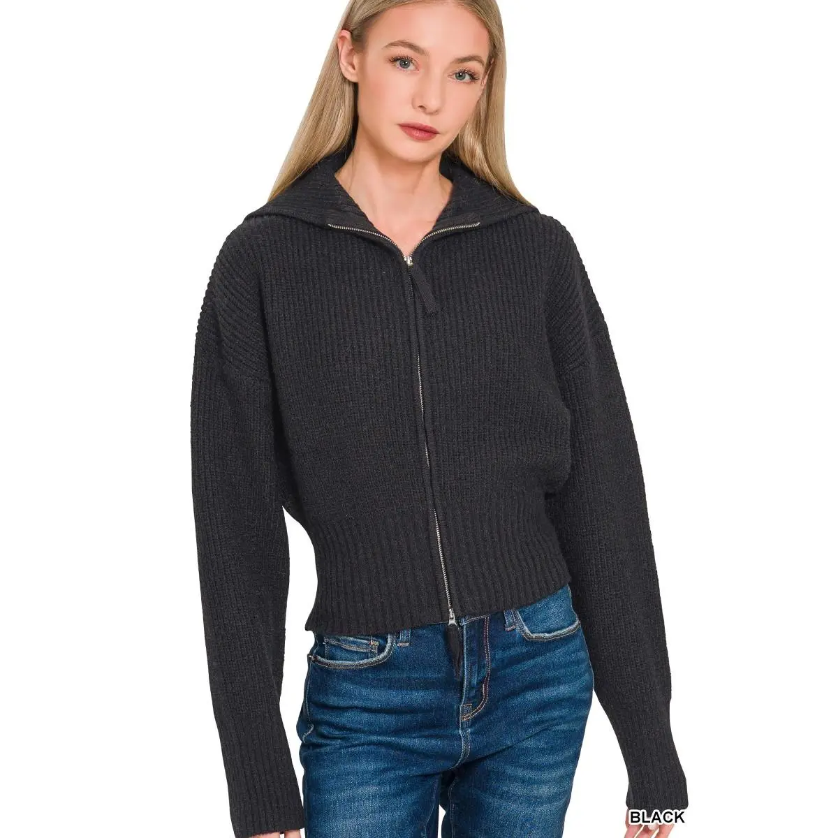 Zenana Ribbed Collared Zip Up Sweater Cardigan