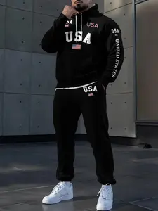 Two sets of men's New York printed hooded sports suits, Sweatsuit Matching Set, made of polyester material, long sleeves, knitted fabric, regular patterns, embroidered details, suitable for spring and autumn wear, versatile for daily use