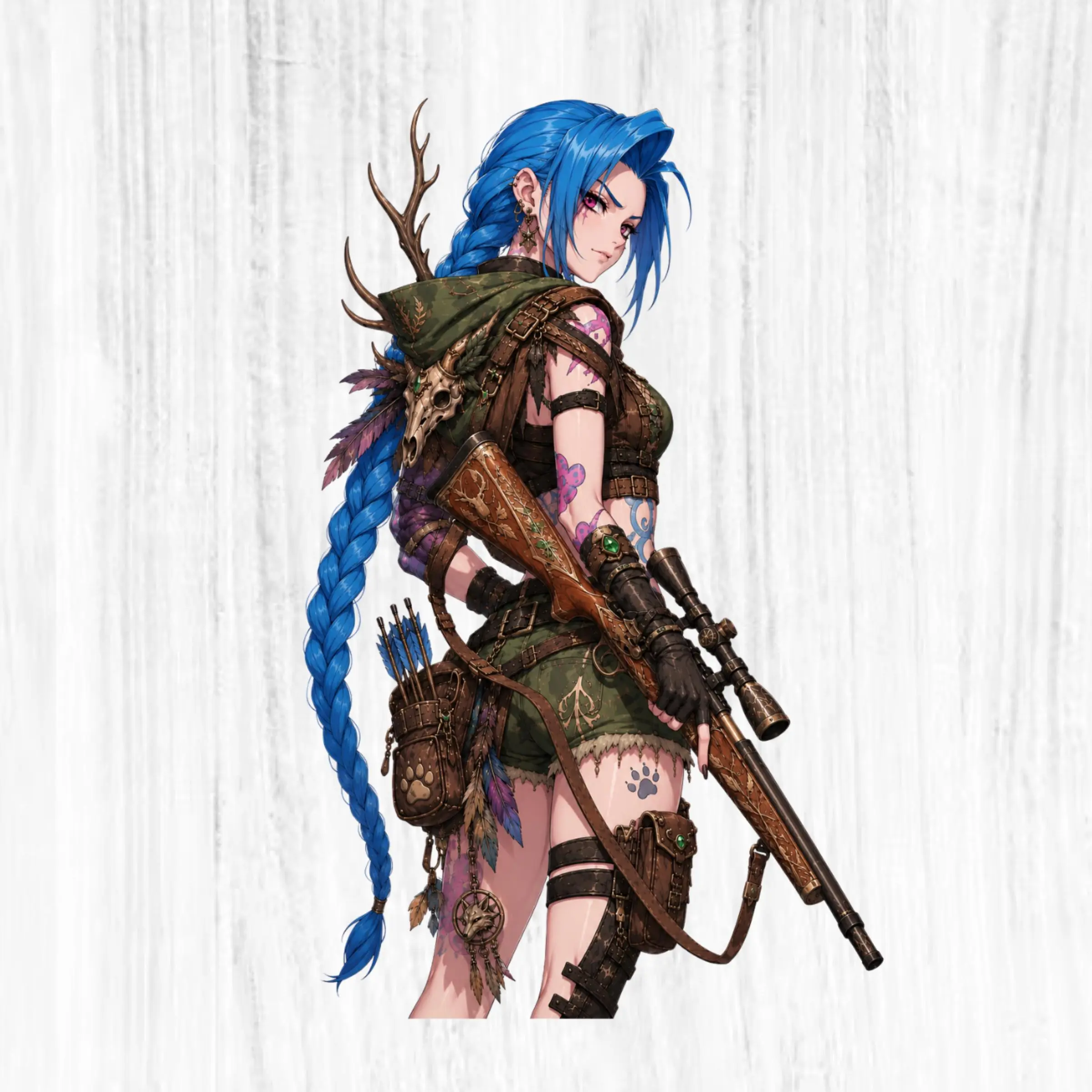 Jinx Fantasy Hunter Anime Sticker, Blue Braided Sniper Girl Decal for Laptop, Helmet and Water Bottle