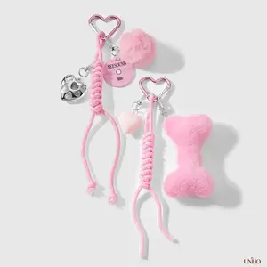 Cute Sweet Pink Pom Pom Key Ring Bag Charm, DIY Woven Rope Pendant With Bone Acrylic CCB Heart Record Details, Girly Daily Accessory For Teen Girls, Lovely Holiday Gift