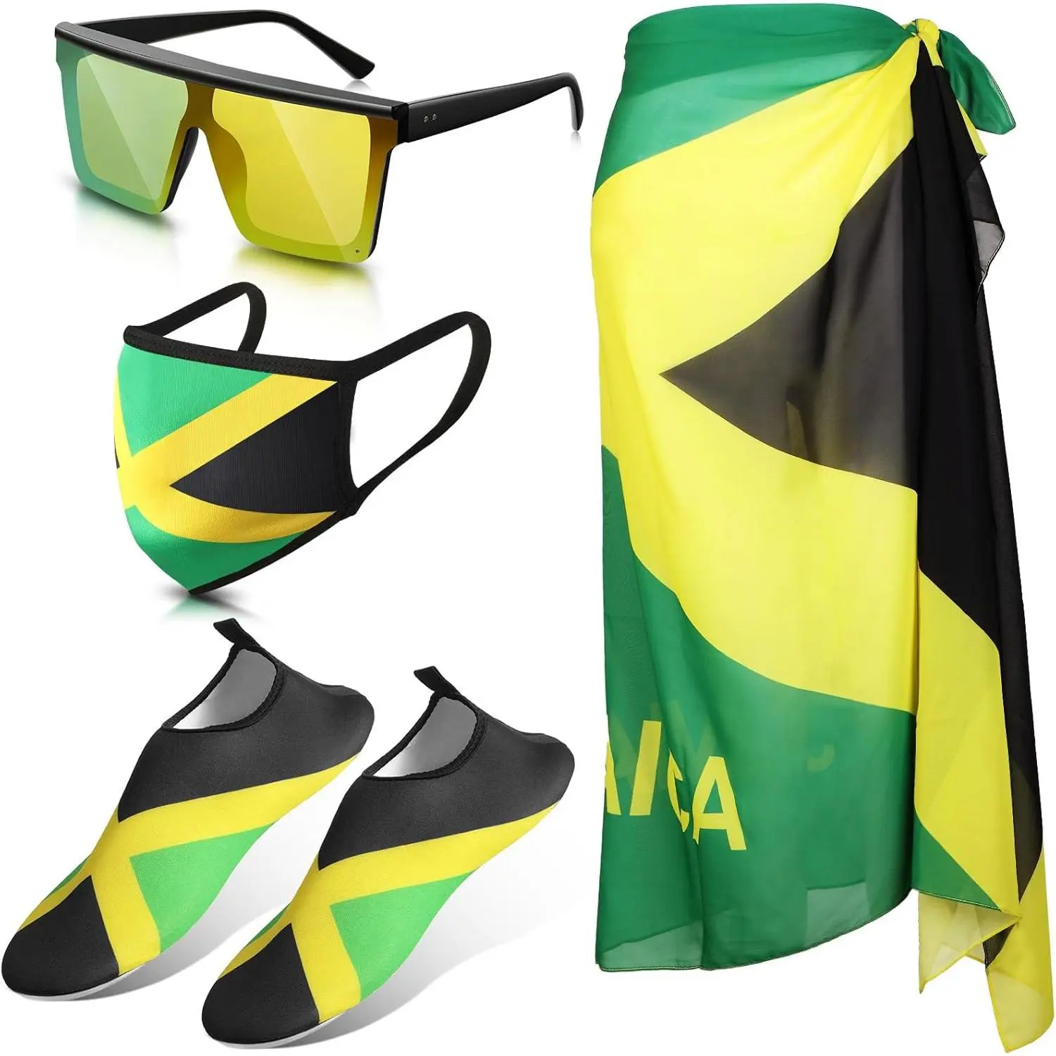 4 count Women's Jamaican Swimsuit Black Sarong Set With Water Shoe, Mask, Sunglasses