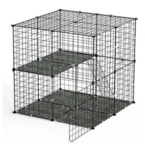 Cat Cage Playpen 2-Tier Indoor Kitten Kennel - Detachable Cat Crate w/ Ladder & 2 Doors for 1-2 Cats, Small Animals up to 14lbs - Black
