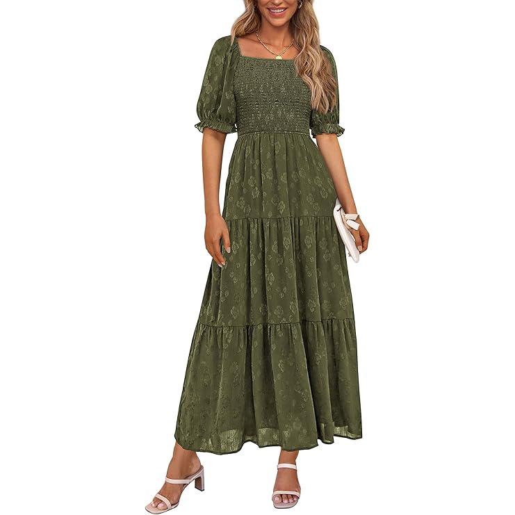 PrettyGarden Women's Summer Casual Midi Dress Square Neck Short Sleeve Smocked A Line Boho Floral Flowy Elegant Midi Dress - Womenswear, Comfort