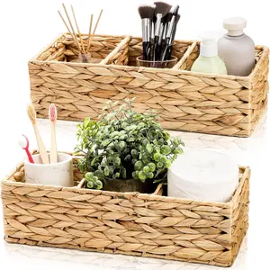 2 Pack 3-Section Wicker Baskets, Water Hyacinth Storage Bin, Handwoven Desk Organizer, Toilet Paper Container, Rectangle Holder for Counter Top Toilet Tank Shelves Coffee Bar Pantry