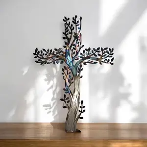 Tree of Life Cross Metal Wall Art, Natural Style Sculpture for Living Room, Outdoor & Office Decor, Ideal Gift for Holidays