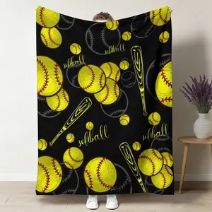 Softball Throw Blanket, Yellow Ball Bat Graffiti Flannel Blanket, Soft Cozy Warm Throw, Black Sporty Doodle Design for Bedroom Living Room, Gift for Softball Player Girlfriend Daughter, Team Spirit Fan Decor for Couch ﻿ ﻿