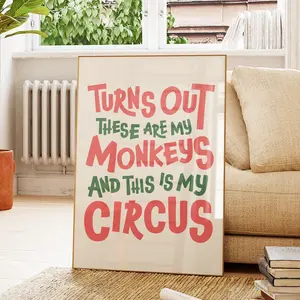 Funny Office Quote Wall Art – “Turns Out These Are My Monkeys” Retro Typography Poster, Pink & Green Positive Print, Room Decor, Unframed, 5 Sizes (8x12 to 27x40 inch)