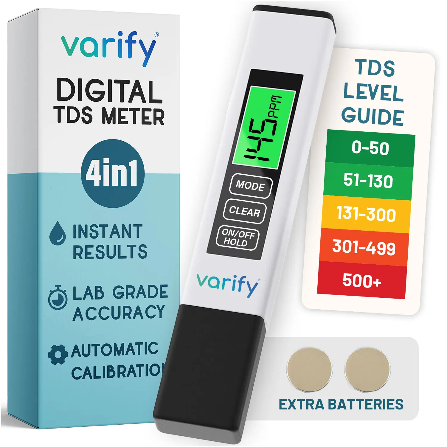 VARIFY 4-in-1 TDS Meter Digital Water Tester for Drinking Water Accurate 0-9990 PPM EC & Temp Readings Ideal for RO Systems Aquariums Pools Portable & Travel-Friendly Halloween Sales