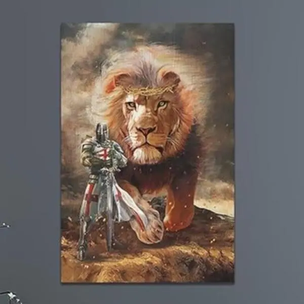 Christian Lion Of Judah Wall Art Lion Warrior Pictures Wall Decor Religious Knight Canvas Painting Home Decorations Artwork for Bathroom Bedroom Living Room Office Framed Gift Kitchen wall street poster Photo Christmas titan poster Decorative Ornaments