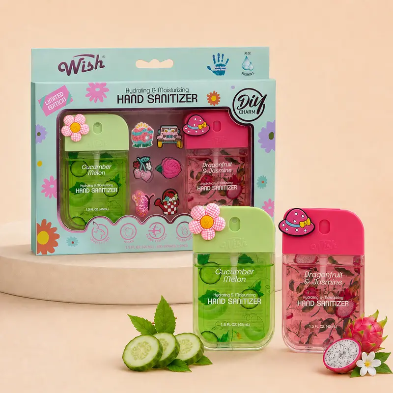 Wish Limited Edition 2-PCS Gift Box Set Power Mist Hydrating Hand Sanitizer Spray 1.5 fI oz 3-Theme Time Limited Bundle (Cute Portable Travel Size DIY Gift)