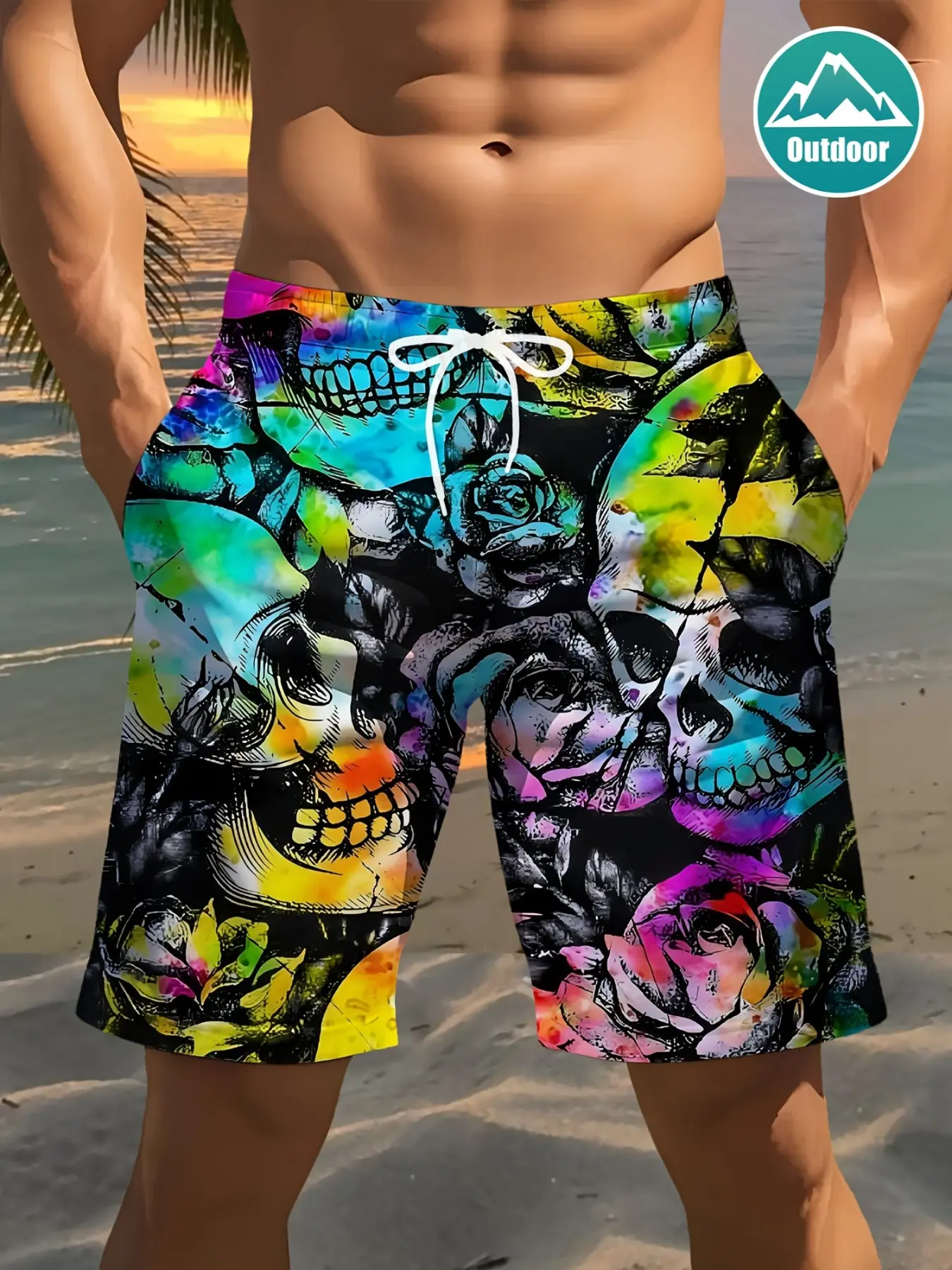 Men's Colorful Skull Print Beach Shorts, Beach Outdoor Wear, Casual Quick-Dry Swim Trunks, Seaside Outing Short Pants, Fashion Fitted H-Type, Summer Swim Bottoms, Swimwear Shorts, Swimming Shorts