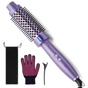 1.5 Inch Thermal Brush Blowout with 5 Temp Settings Universal Voltage Hair Curling Iron Ceramic Ionic Round Curling Brush for Medium Long Hair Purple Salon Equipment Smooth
