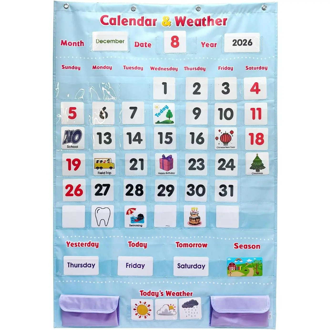 Morning Board Calendar for  -  Learning Wall Chart for Classroom & Homeschool | Interactive Educational Calendar with Pockets for Weather, Days of The Week, Seasons (Light Blue)