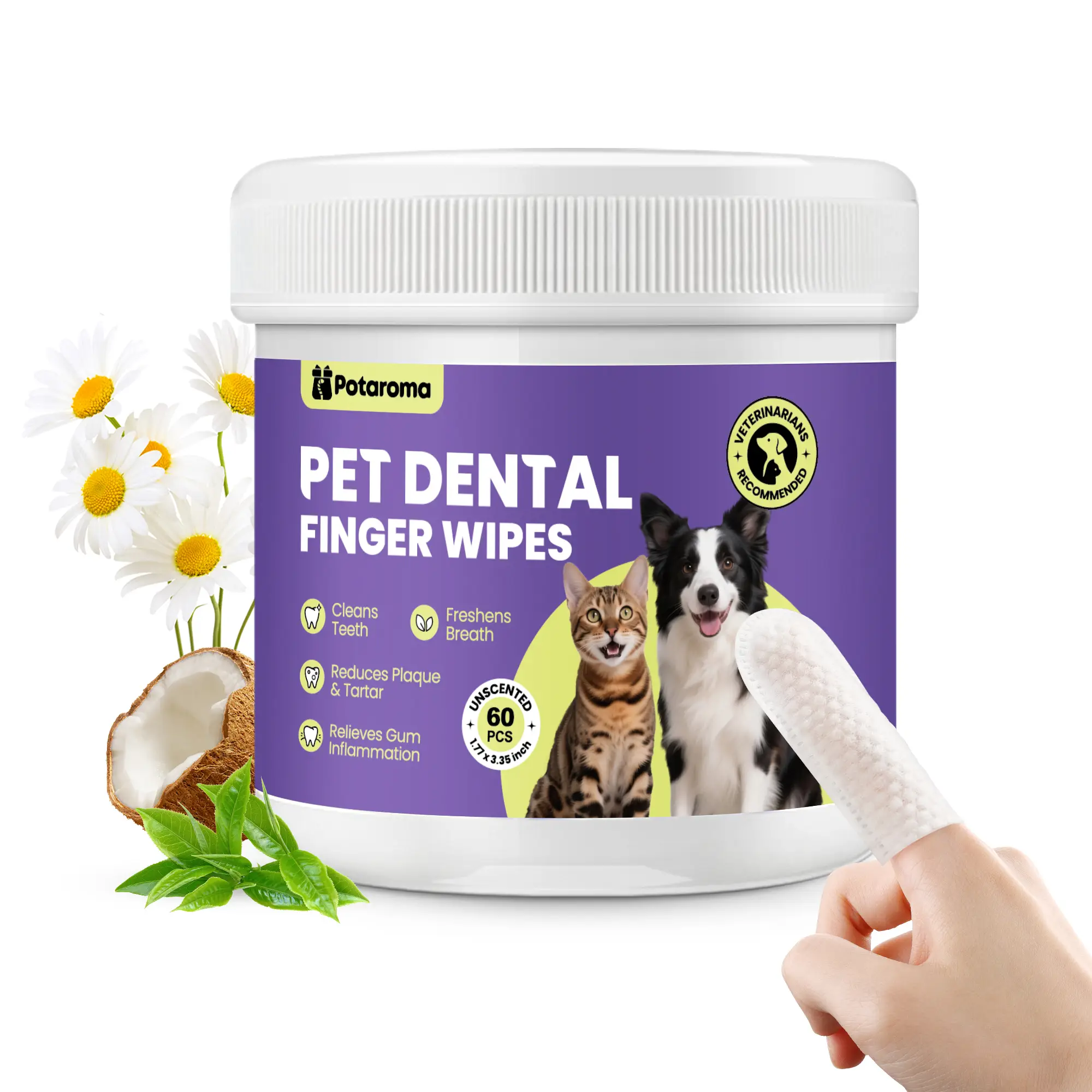 Potaroma Pet Cleaning Finger Wipes for Dogs and Cats – No-Rinse Finger Toothbrush Kit Ear Cleaner Grooming Kit Gum Care Dental Wipes, Soft & Disposabl
