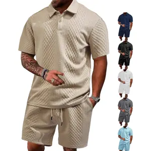 Men’s jacquard knit two-piece set: short-sleeve polo shirt and drawstring shorts. Casual summer menswear, available in multiple colors; solid colors are versatile, with a relaxed, comfortable style. summervibes