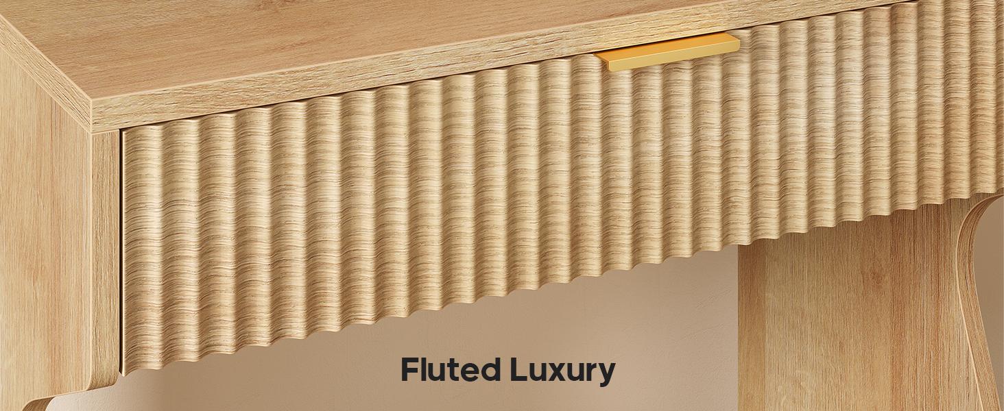 Sikaic Small Vanity Desk with Mirror and Lights, Sound Sync LED Lights, Fluted Wood Compact Makeup Vanity Table Set with Teddy Fleece Chair, Storage Drawer, Shelves, Bedroom