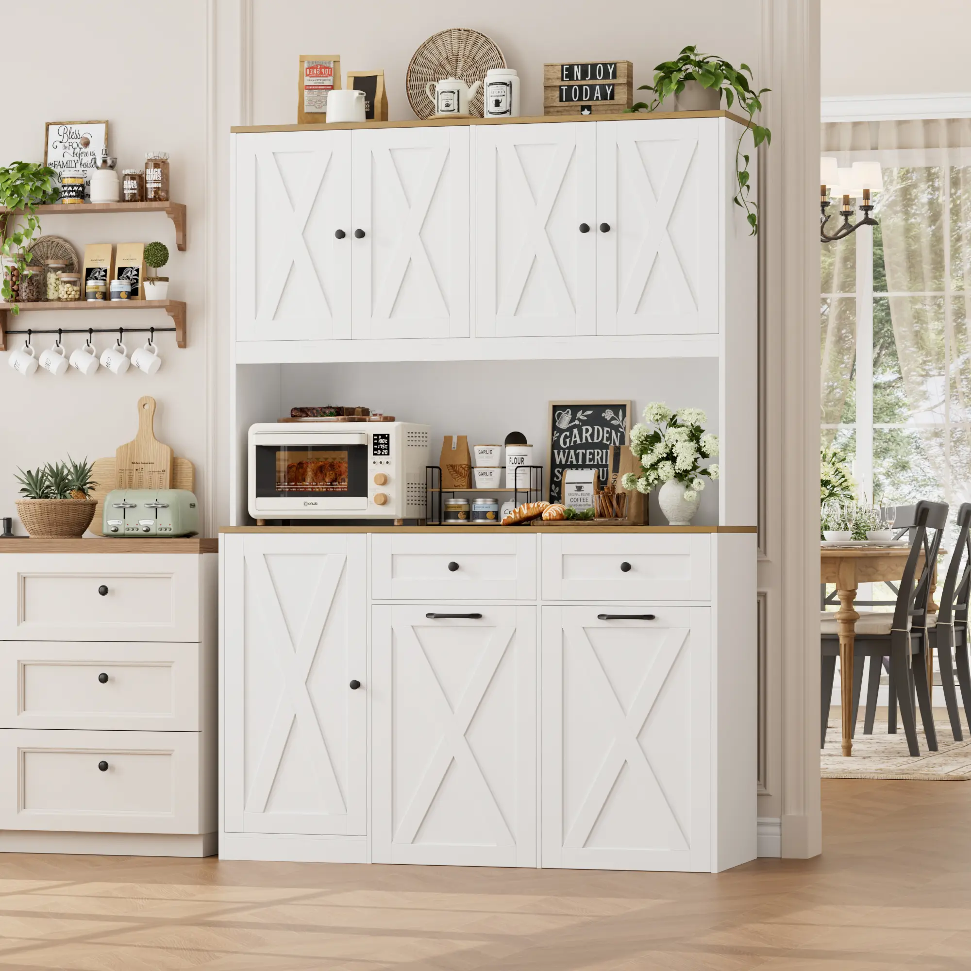 【2 packages shipping 】HOSTACK 71" H Kitchen Trash Can Cabinet, 12.5 Gallon Double Pull Out Garbage Can Hutch Cabinet with Trash Bin Storage Holders, 47" Wide Kitchen Pantry with Hidden Garbage Storage for Dining Room, Trash can not included tiktokshopspri