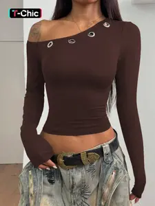 Women's Grommet Eyelets Cut Out One Shoulder Solid Long Sleeve Crop Top, Strapless Backless Slim Fit Pullover T-shirt Top, Casual Fashion Shirt, Party Club Date Blouse Shirts, Spring Fall Daily Casual OOTD Tops Outdoor Clothes Wear