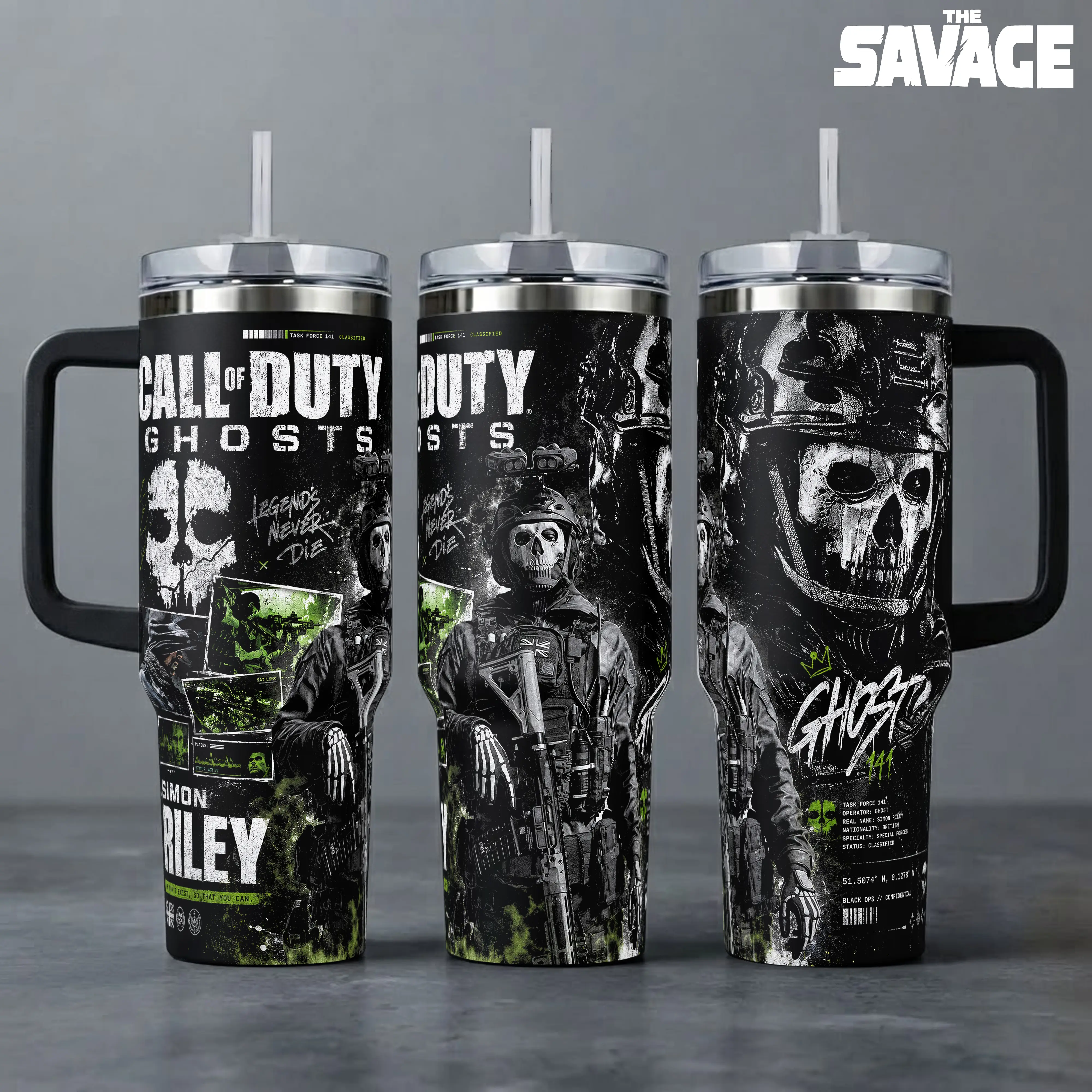 Simon Ghost Riley Call of Duty Ghost Tumbler, Gaming 40oz Cup with Handle & 20oz Travel Mug. Gift for Gamers, Call of Duty Inspired Insulated Tumbler Featuring Task Force 141 & Simon Riley Graphic Design.