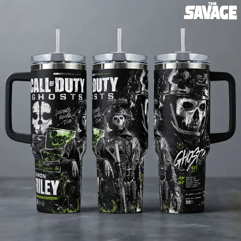 Call of Duty Ghost Simon Riley Stainless Steel Insulated Tumbler - 40oz Handle Cup, 20oz Coffee Travel Mug with Silicone Lid, Printed Task Force 141 Graphics, Gaming Gift for Fans, Insulation