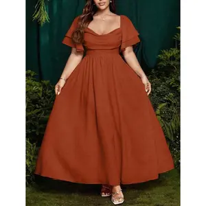 Plus Size Women's Elegant Ruched Shoulder Loose Frill A-Line Dress, Flowy Long Dress For Party, Wedding, Vacation, Vintage Style