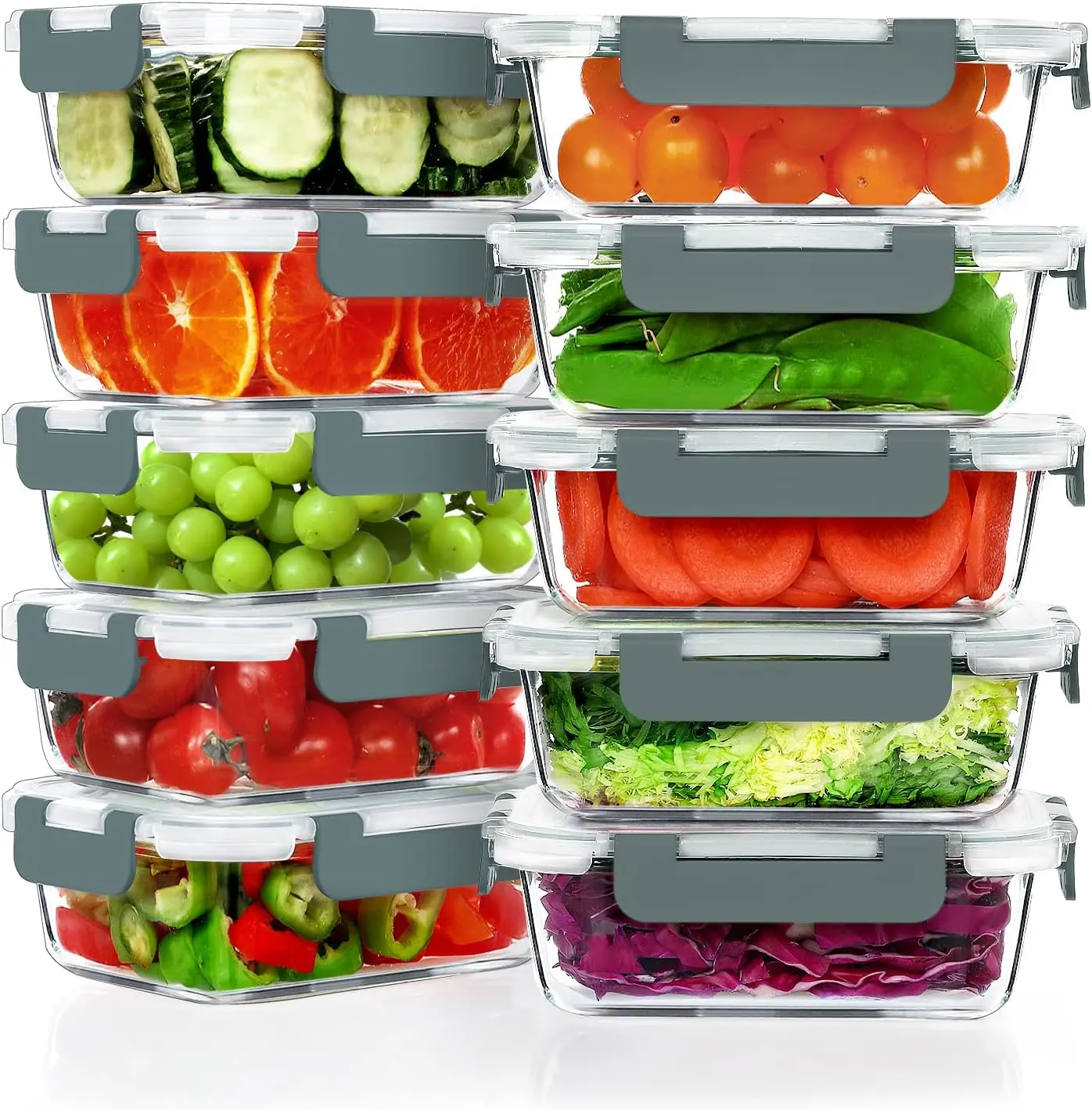 10 Pack 22 OZ Glass Meal Prep Containers, Airtight Glass Lunch Containers Set, Glass  Storage Containers with Lids, of BPA, for Microwave, Oven, Freezer & Dishwasher Friendly,Grey