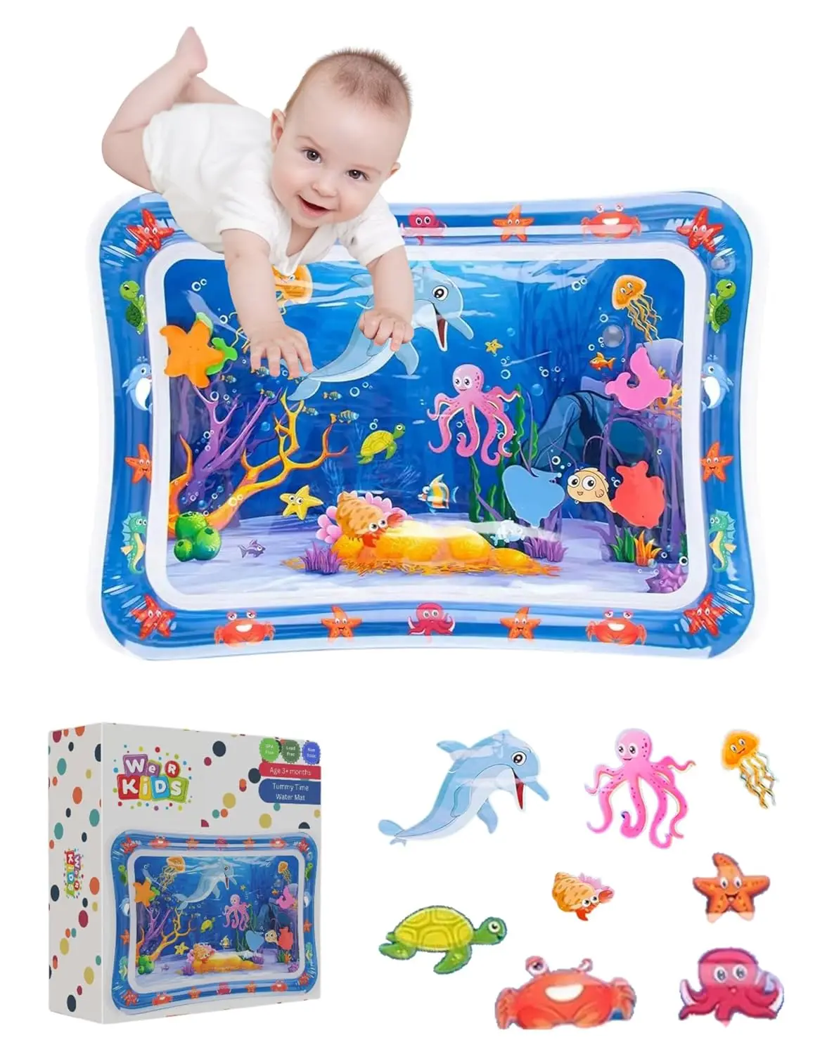 Inflatable Tummy Time Water Play Mat for 0-18 Month Old Babies, Polyvinyl Chloride Waterproof Multi-Function Mat with Vibrant Colors for Kid Room & Children's Play Room, Supports Sensory Development & Muscle Strengthening, Bedroom, 6 - 9 Months