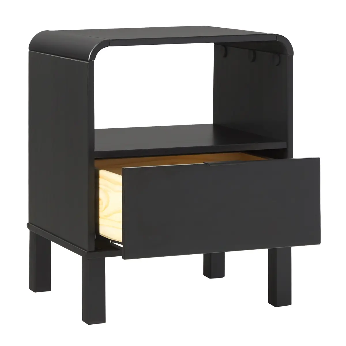Walker Edison Pine Minimalist Bedroom Nightstand - Black Painted, Round Edge, Curved Top, Single Drawer, Compact, Clean Look, Modern Fit, Side Table, Sofa Table, Small Scale Bedroom Furniture, 24"H x 15.88"W x 19.63"L, 26 lbs, Assembly Required