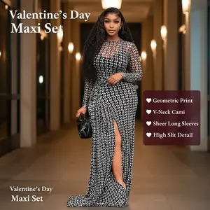 SULTRYGLOW Women's Valentine's Day Maxi Set Geometric Print V-Neck Cami Sheer Long Sleeves Adjustable Waist Tie High Slit Wedding Guest Outfit Casual Chic