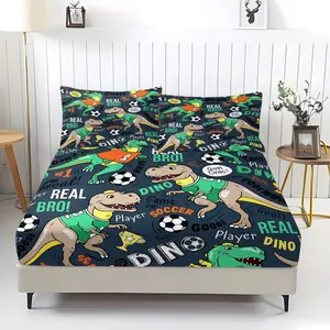 Kids Boys Bed Sheet Set Dinosaur Bedding Soccer Print Fitted Sheet & 2 Pillowcases with 12" Deep Pockets Comfy Ultra-Soft Bed Sheets Bedroom Decor