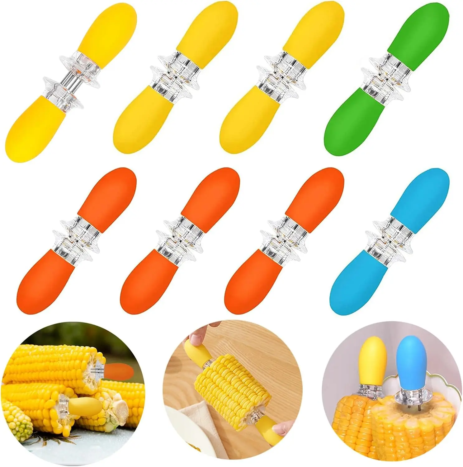 16 count/8 Pairs Corn Holders,  Stainless Steel Corn Cob Holders Corn on The Cob Skewers, Interlocking Double BBQ Fork Skewers for Home Cooking Parties Camping (4 Colors)
