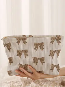 Cheetah Bowknot Plaid Velvet Makeup Bag, Cartoon Style, Cute Lightweight Multi-Functional Fashion Casual Handheld Cosmetic Pouch, Travel Organizer