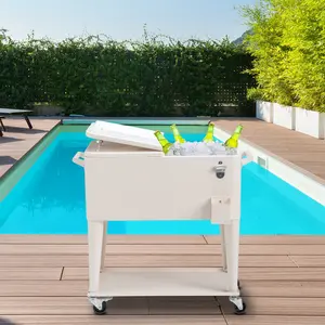 NEWZOME Milk White Rolling Cooler Cart Outdoor Beverage Tub with Bottle Opener Cap Catcher Insulated Ice Chest on Wheels Locking Casters for Patio Pool Party BBQ Camping