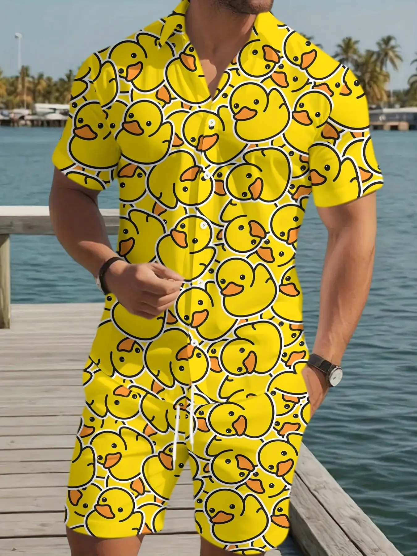 Men's Classic Casual Hawaiian Shirt and Shorts Set, Menswear, 3D Duck Design, Perfect Father's Day Gift, Summer Fashion, Slim Fit, All over Print