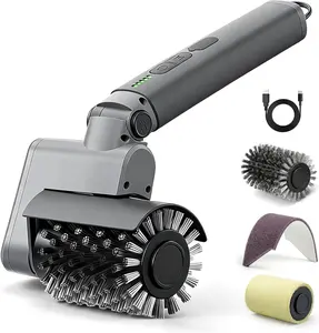 Electric Grill Brush 3-in-1 Kit – Cordless BBQ Cleaner with Reinforced Safe Metal Bristles – 2 Hours Runtime, Waterproof & Dishwasher Safe Removable Brushes for Deep Cleaning (Light Gray)