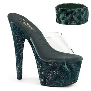 Women's Rhinestone Platform Heels, Stylish 7-Inch Statement Slides with Adjustable Ankle Cuff, Emerald Green, High Heels