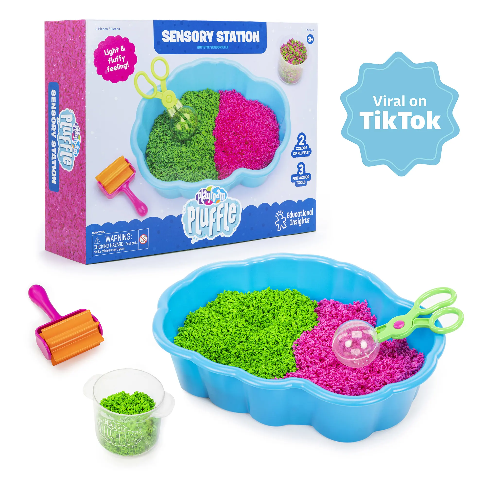 Educational Insights Pluffle Sensory Station - Package for Ages 3+ with Sensory Bin, Fine Motor Tools, and Hide & Seek Features, Non-Toxic,Gluten Free, Slime Alternative