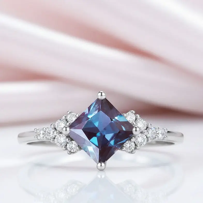 Princess Cut Lab Alexandrite Gemstone Ring