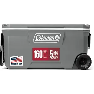 Coleman Classic Series Insulated Portable Rolling Cooler with Wheels, Leak-Resistant Outdoor Hard Cooler Keeps Ice up to 5 Days, 100-Quart