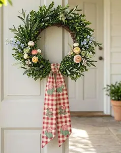 Personalized Pink Gingham Wreath Sash, Floral Front Door Decor, Monogram Spring Wreath Bow, Farmhouse Door Hanger, Custom Initial Sash
