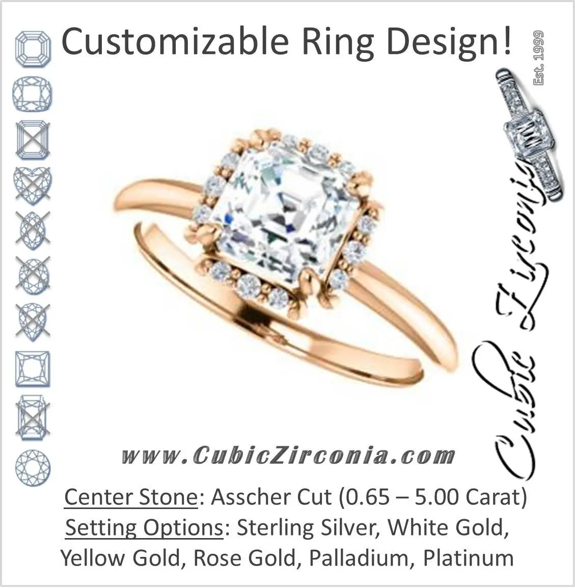 Cubic Zirconia Engagement Ring- The Tiara Rose (Customizable Asscher Cut Design with Thin Band & Semi-Halo)