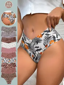 10 pieces of printed women's underwear, suitable for Halloween, Christmas, and Valentine's Day, perfect for daily activities in autumn and winter, sexy low-rise women's briefs, cherry leopard print with wavy edge, Fashion Comfy Underwear