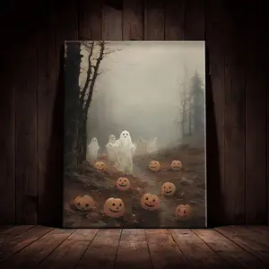 1 Count Halloween Wooden Framed Canvas, Halloween Ghosts and Pumpkins Poster, Halloween Decorative Poster, Horror Party Hanging Picture, Modern Art Living Room, Bedroom, Family Decoration, Interesting Poster, Waterproof, Wall Art